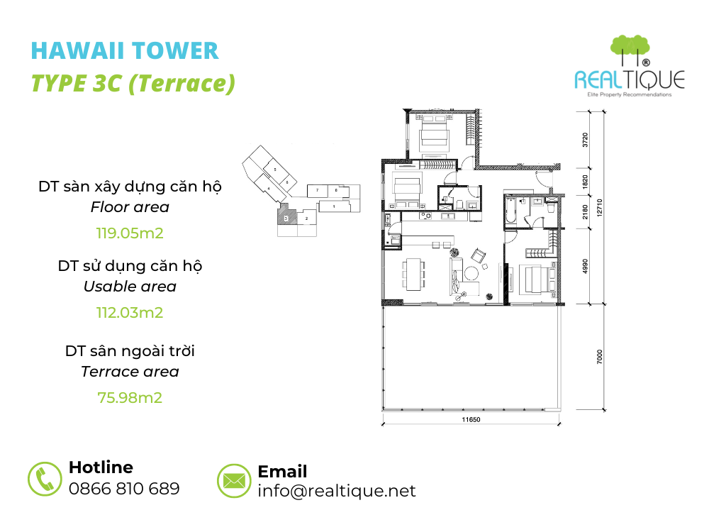 Hawaii 3 bedrooms apartment - 3C (Terrace)