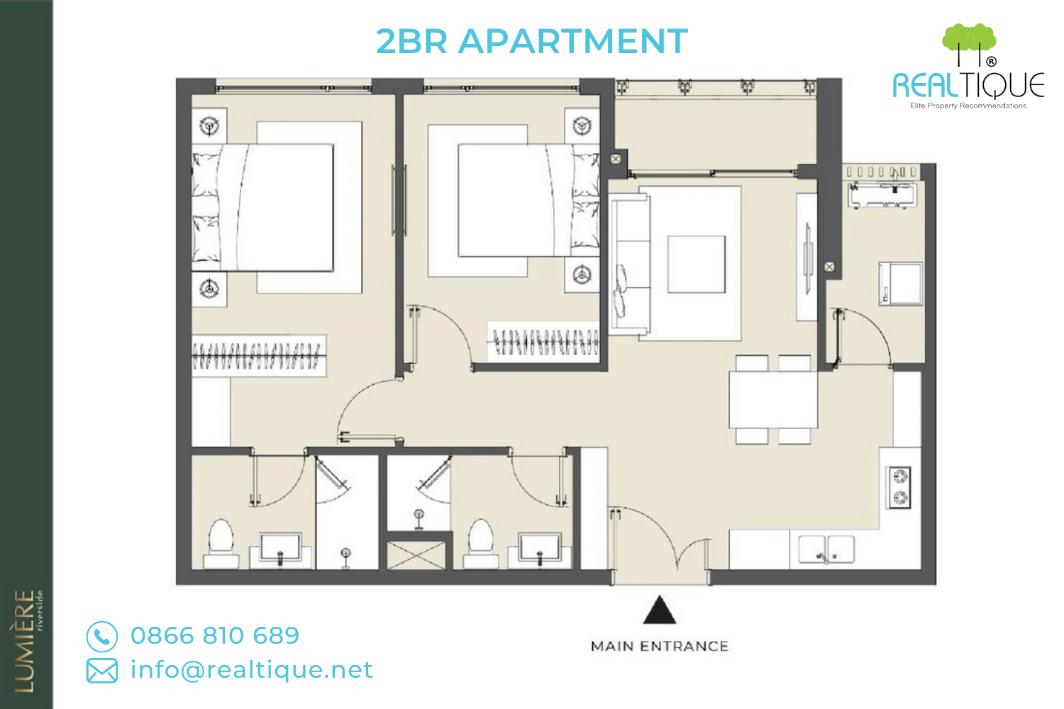 Floor plan of 2-bedrooms apartment in LUMIÈRE riverside project District 2