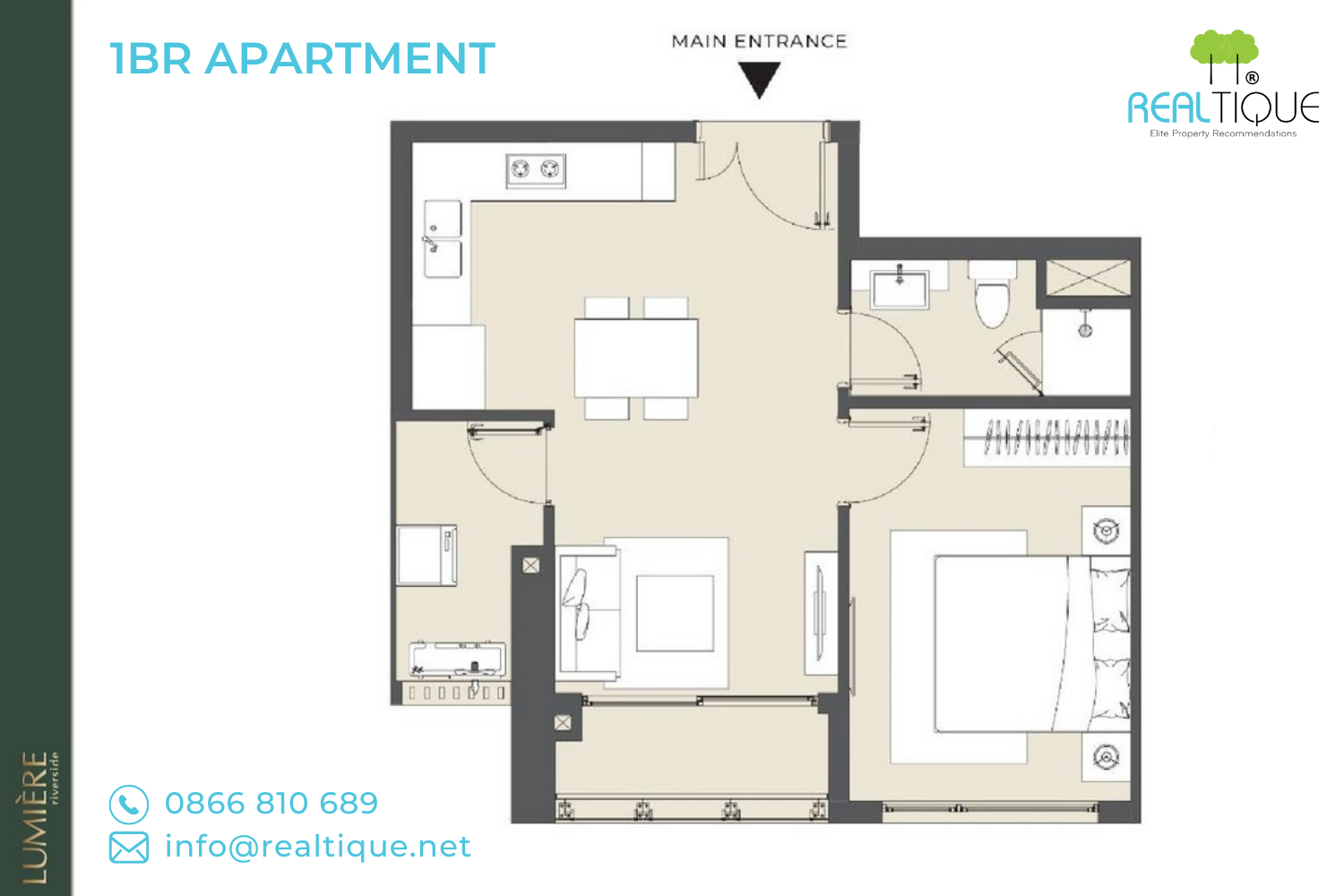 Floor plan of 1-bedroom apartment in LUMIÈRE riverside project District 2