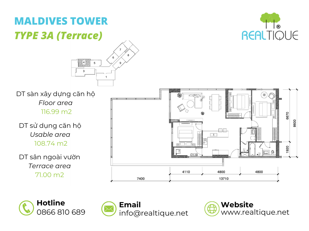 Plan of Maldives apartment 3 bedrooms - 3A Terrace
