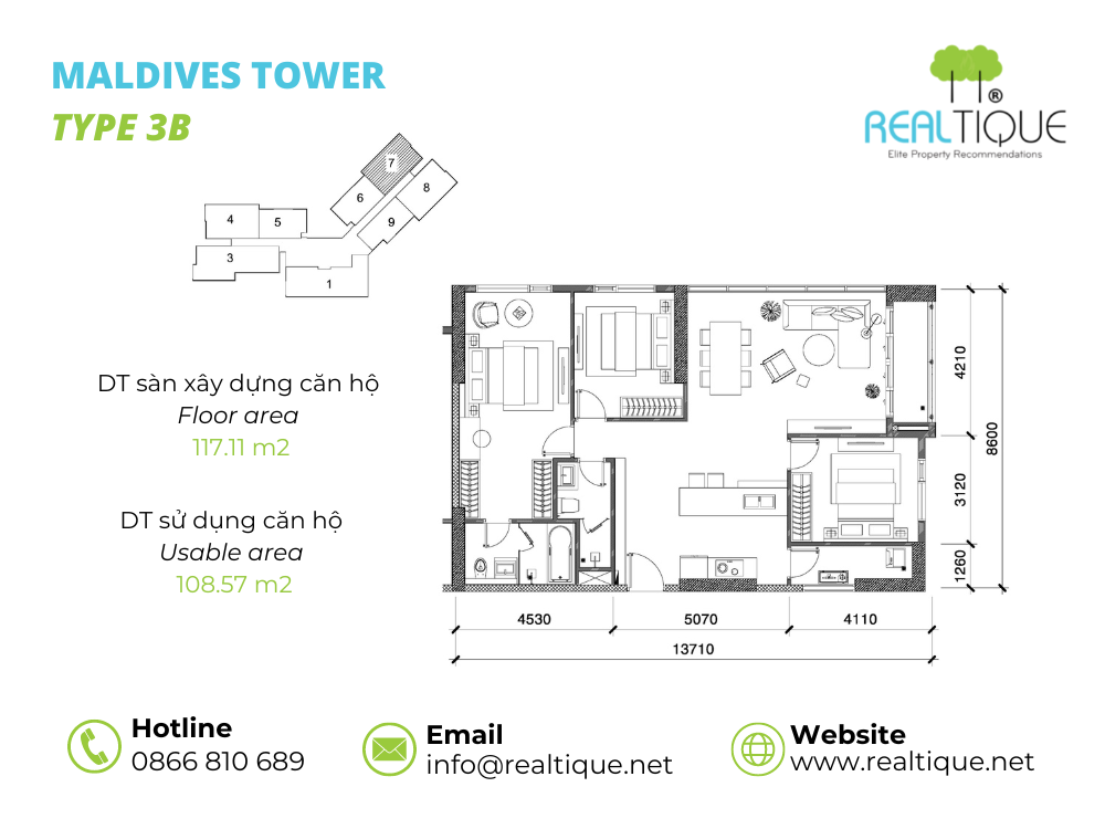 Plan of Maldives apartment 3 bedrooms - 3B